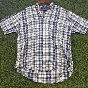 Pendleton Oceanside Mens Plaid Short Sleeve Button Down Shirt Navy Yellow Cotton